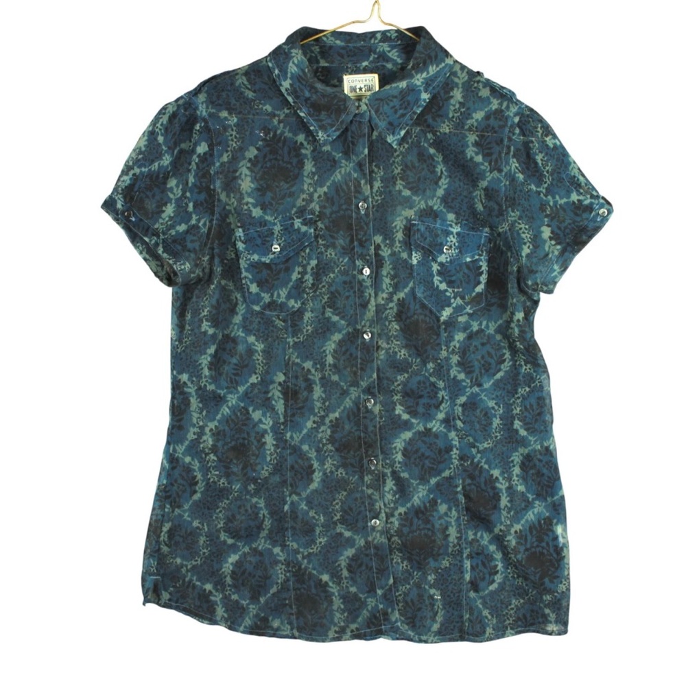 Converse One Star Women Size M Top Blue Floral Short Sleeve Button Up Shirt